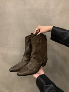 Western Style Short Boots Womens Pointed Toe Booties Brown Martin Boots Thick Heel Spring Autumn Fashionable Leather Boots