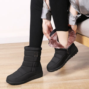 Winter Snow Boots Womens Waterproof Non-Slip Fleece Lined Thick Warm down Cloth Flat Bottom Mid-Calf Cotton Shoes