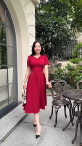 Đầm xòe cổ V đính cành lá tay phồng - GR0354 (Hình thật shop tự chụp và tự quay video)