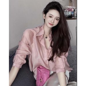 chaqi | Lightweight Casual Long Sleeve Womens Shirt Spring Summer Pink Loose Fit Outerwear Polo Collar Versatile Top Commute Style