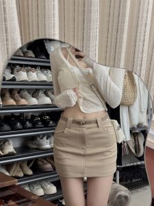 Khaki Color Slim Fit A-Line Mini Skirt Womens High Waist Short Skirt Casual Style Inner Lined Polyester Fiber Zipper Closure