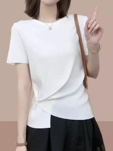 2025 Spring Summer Womens Loose Short Sleeve T-Shirt Asymmetric Design Casual Slimming Top Korean Style Straight Cut Silk