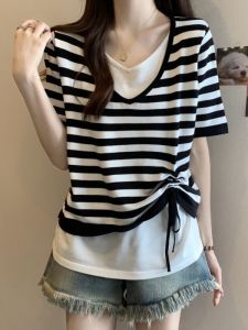 Ice Silk Drawstring Short Sleeve T-Shirt Womens plus Size Stripe Base Shirt Slimming Design Summer Top Korean Style V-neck