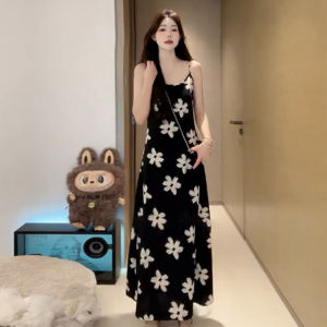 QINWEIYU | French Elegant Black Floral Print Strap Dress Women Summer 2025 New Beach Vacation Long Dress Sweet Style High Waist Polyester Fiber
