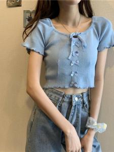 Áo Thun Nữ Tay Ngắn Dệt Kim Cổ Vuông Mùa Hè Thiết Kế Ngắn Gợi Cảm Phong Cách Hồng Kông Thời Trang Thường Ngày Màu Trơn