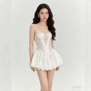 Elegant White Lace Spliced Camisole Dress Slimming