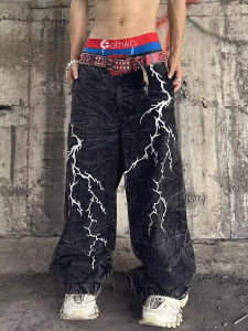 กางเกงยีนส์ทรงหลวมขาตรงผู้หญิง ทรงย้อนยุค สไตล์ฮิปฮอป สไตล์สตรีท กางเกงขายาวลำลอง ปักลายฟ้าผ่า ทรงหลวม กางเกงยีนส์ทรงหลวม
