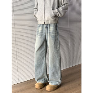Retro American Washed Mens Jeans Draped Straight Loose Leggings Autumn Spring High Waist Denim Pants Youth Casual Straight Leg