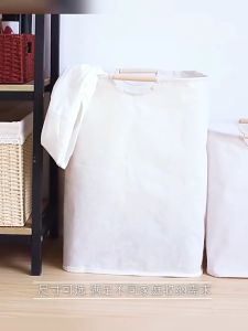 Foldable Laundry Basket Bags Bathroom Clothes FoldingStorage Natural Japanese-Style Beige Fabric Storage Basket Foldable Wooden Handle Laundry Basket Large Capacity Doll Basket