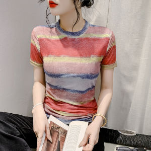 REHIN เสื้อยืดคอกลมลายตาข่ายลายทางแฟชั่นสำหรับผู้หญิงพอดีตัวแขนสั้นพิมพ์ลาย บอดี้สูทหญิง