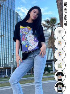 RICHIE IE Pure Cotton Short Sleeve T-Shirt Cartoon Graffiti Design Handpicked Store Womens Loose Fit round Neck Top