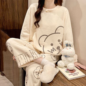 2025 New Soft Plush Womens Sleepwear Thickened Coral Fleece Autumn Winter Cute Internet Famous Home Clothes Set Long Sleeve round Neck