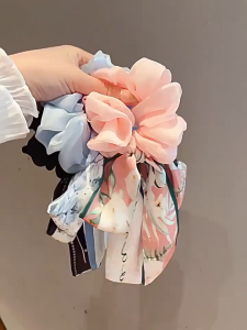 Floral Bow Scrunchie with Streamer High-End Silk Hair Tie Printed Ribbon Ponytail Holder for Women