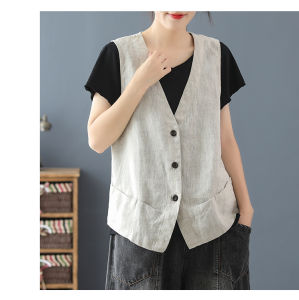 ฤดูร้อน บาง ผ้าฝ้าย ผ้าลินิน เสื้อกั๊ก ผู้หญิง หลวม คอวี สีทึบ ลำลอง แจ๊กเก็ต ผ้าลินิน เสื้อกั๊ก ผ้าคลุมไหล่ไหล่ เสื้อท่อนบน ติดกระดุมยาวปกติ