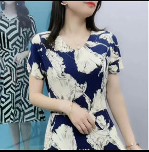 Summer Mommy Style Midi Dress Large Size Floral Print Short Sleeve Belly Covering Womens Fashion High Waist V-Neck Dress