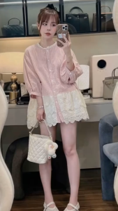 MK_ Váy tiểu thư dễ thương outfit bánh bèo xinh xắn đầm dự tiệc form babydoll mini xinh yêu sơ mi cổ phối Ren kẻ hồng