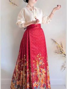 Retro Court Style High Waist Polyester Hanfu Half-length Skirt Set for Women New Spring 2024 Fashion Original Chinese Design