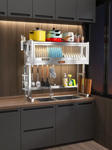 LivinEase Over Sink Dish Rack Stainless Steel Kitchen Storage Cabinet with Acrylic Door Multifunctional Space Saving Organizer