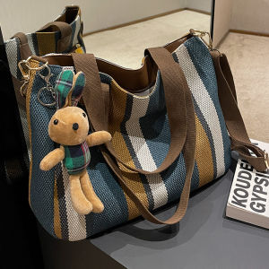 Large Capacity Canvas Tote Bag Womens Commuter Shoulder Bag School Class Bag 2024 New Style Korean Leisure Stripe Pattern
