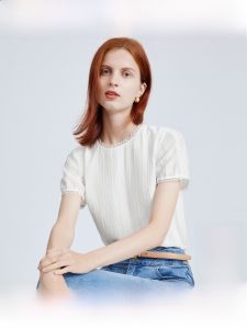 Finidi White Lace Trim Chiffon Short Sleeve T-shirt Thin Summer New Style Commute Simple Polyester Fiber round Neck Top