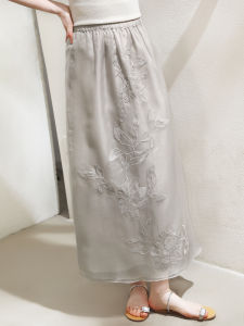 Miccbeirn | Elegant High Waist A-Line Midi Skirt Embroidered Shiny Sequins Heavyweight Silk Organza Mid-Length Waist Skirt