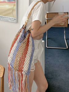 Youmu Bag Ethnic Style Color Matching Tassel Handmade Woven Beach Bag Shoulder Womens Bag Large Capacity Retro Vacation Bag