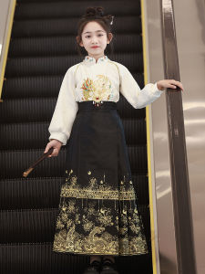 Childrens Winter New Style Hanfu Style Year-End Celebration Outfit Set Little Girl Horse Tailed Skirt Thick Polyester Fiber