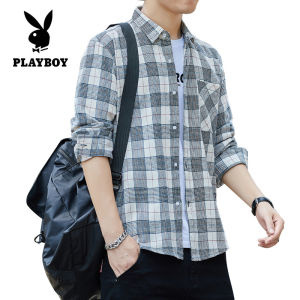 Playboy Original Mens Shirts Fall Long Sleeve Shirt Casual Grid Shirts Striped Shirts