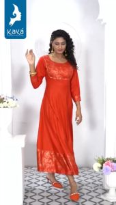 (Ready Stock) Plus Size Foil Printed Full Flair Long Kaya Kurti Collection For Womens (Delivery Within 3-5 Days)