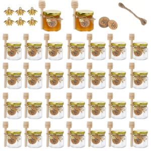 12/20/30/50/60Pcs-Mini Honey Jars with Dipper Hexagonal Glass Honey Jars Glass Sugar Jars with Lids Kitchen Glass Sealed Jars Available in Various Sizes Such as 1.5/2/3oz Come with Bee Pendants Twine and Card Tags Perfect for Baby Shower Gifts...