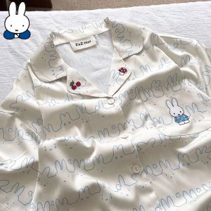 Kawaii Miffy Pajama Set Short Sleeve Top & Long Pants Nice and Cool Ice Silk Cartoon Sleepwear for Cozy Home Wear Spring Summer