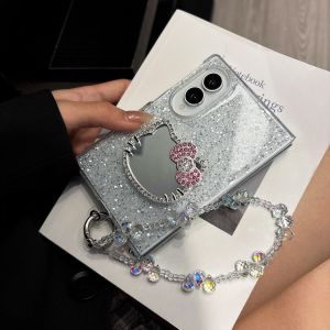 Sanrio | Fashion Glitter Bling Hello Kitty Mirror Phone Case For Samsung Galaxy Z Fold 8 Ultra 7 6 5 Flip 8 7 6 5 Pearl Wrist Strap Cover
