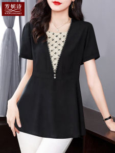 เสื้อยืดผู้หญิงแขนสั้นผ้าชีฟองทรงหลวม คลุมหน้าท้อง ไซส์ใหญ่ ฤดูร้อน 2025 เสื้อเชิ้ตผู้หญิงแขนยาวแบบสวมหัว