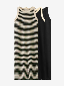 Striped Spaghetti Straps Vest Skirt Womens Knitting Ice Silk Summer Long Interior Slim Looking Base Black Split Dress Long Skirt