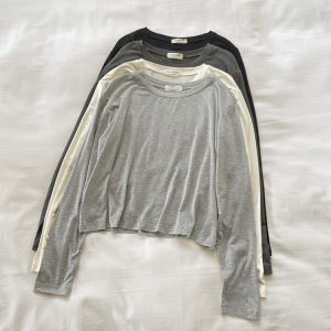 โมเดิร์น Minimalist สีเทาสีดําสีขาวสั้นเอวสูง Slim-Fit Modal เสื้อยืดแขนยาวผู้หญิง