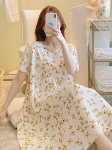 Pure Cotton Silk Sleep Dress Womens Mid-Length Summer Casual Print Home Clothes Outerwear Large Size Sweet Style round Neck