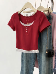YIFENGXIN | Design Lacy Short Sleeve Faux Two Piece T-Shirt