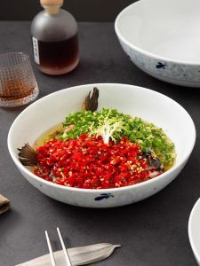 Large Ceramic Fish Head Bowl Underglaze Color Porcelain Sichuan Pickled Cabbage Hot Pot Pork Slice Bowl Chinese Style Dining Utensils