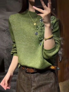 UYFY | Green Round Neck Long Sleeve 3D Floral Womens Knitwear