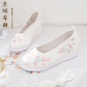 Elevated Heel Embroidered Hanfu Dance Shoes Womens Old Beijing Cloth Shoes Traditional Chinese Costume Footwear round Toe Rubber