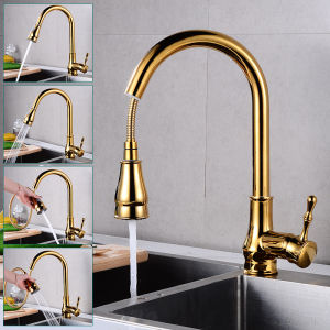 Firte Kitchen Faucets  Pull Down Gold Kitchen Tap Solid Brass Dual Mode Swivel Hot and Cold Water Mixer Bathroom Sink Tap
