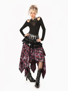 กระโปรงสั้นทรงเอลายสก็อตสีแดงสไตล์ย้อนยุคปUNK Arielink กระโปรงทรงเอเอวสูง กระโปรงสั้นผ้าฝ้ายผสมโพลีเอสเตอร์