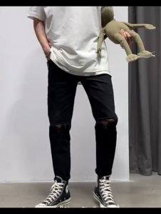 Quần Skinny Jeans Nam AMILY Màu Đen Rách Gối xẻ phong cách có dáng slimfit ôm côn vừa tầm