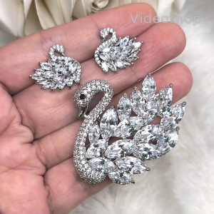 ชุดเข็มกลัดและต่างหู ประดับคริสตัลแท้ ลายหงส์ Swan เครื่องประดับแฟชั่น BH41E929 ValueJewelry