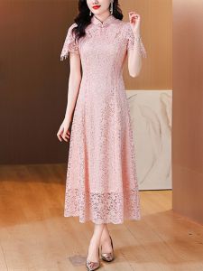 ชุดราตรีลูกไม้สีชมพูหรูหราสำหรับคุณแม่ผู้มีอายุน้อย ชุดแต่งงานแบบปรับปรุงใหม่ ชุดราตรีผ้าไหม ชุดราตรีผู้หญิง ชุดราตรีผู้หญิง