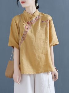 Export French Single Summer Ethnic Buckle Full-Figured Womens Blouse Short Sleeve Tops Womens Clothing Cotton and Linen Art Plus Size Shirt