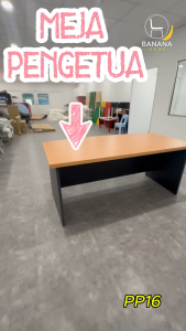 Meja Pengetua PP16 Curve Front 1800mm | Meja Pejabat Executive Beech Graphite | Perabot Sekolah Guru Besar Office Table