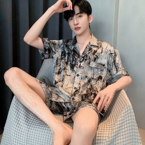 Mens Ice Silk Sleepwear Summer New Short Sleeve Shorts Thin Simulation Silk Comfortable High-End Feeling Home Clothes Set