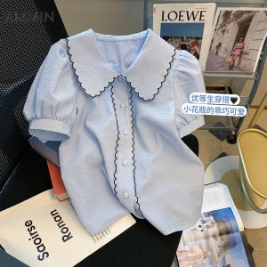 AMMIN summer new bubble sleeve blue lace chiffon shirt Korean style fashion temperament short sleeve loose shirt temperament chiffon Tops