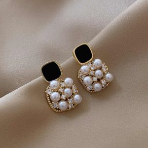 925 Sterling kim bạc vuông bông tai ngọc trai Hollow-out công sở thanh lịch nữ dự tiệc của đồ trang sức